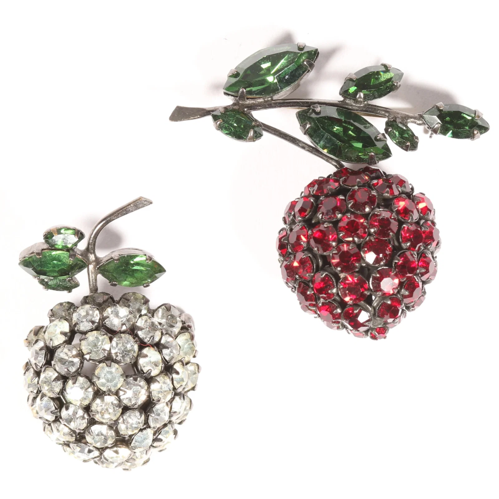 Pair of Schreiner New York jeweled fruit brooches, both signed 1 3/4"H x 1 3/4"W (red fruit)