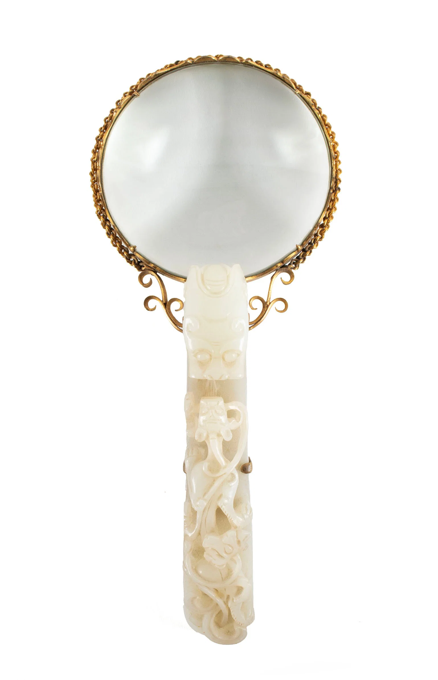 PALE CELADON JADE BELT HOOK MOUNTED AS MAGNIFYING GLASS