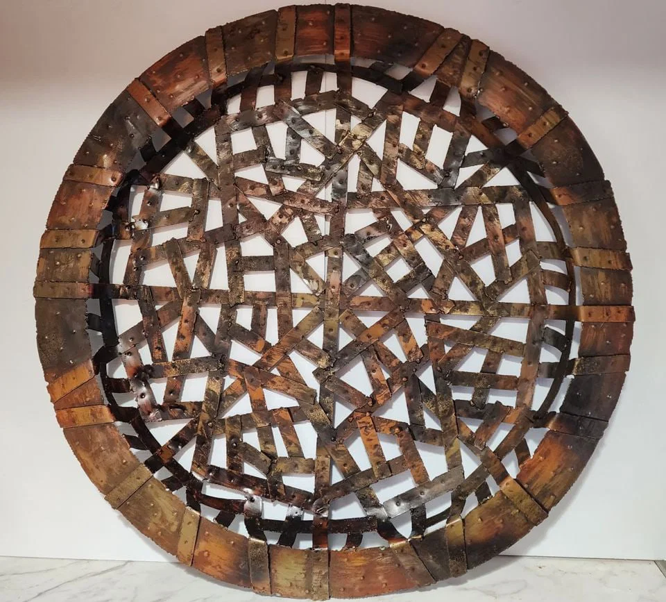 PALECEK rare large handcrafted vintage brutalist wall sculpture w/ woven metal design & rust patina.