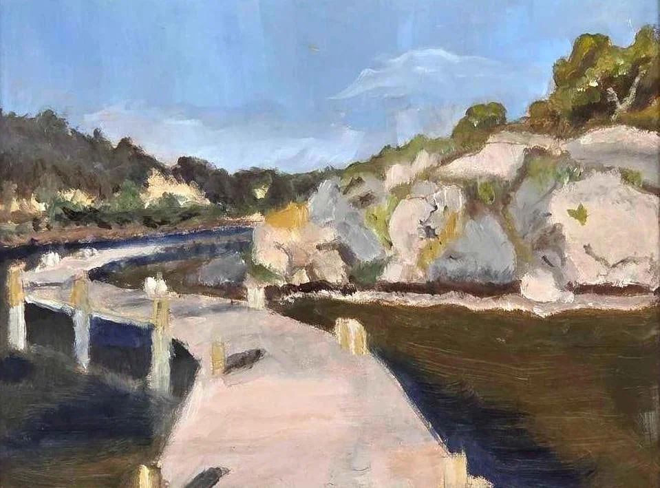 PAMELA BLACK IMPRESSIONIST LANDSCAPE OIL PAINTING OF DOCK AND INLET