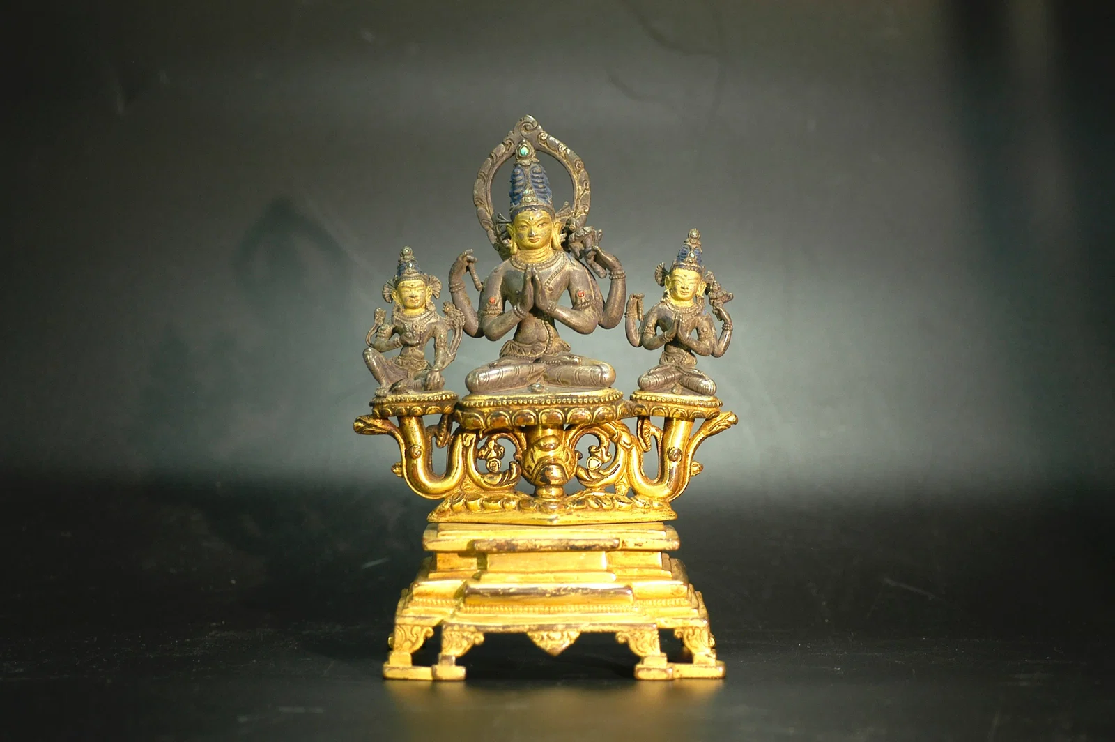 Partially Gilt Bronze Three Buddhas Seated Figure with Vajra Mark