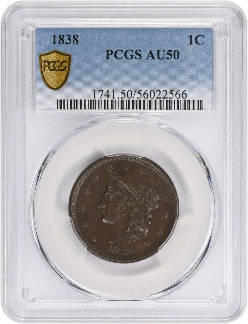 PCGS AU50 1838 Coronet Head Large Cent Copper Coin