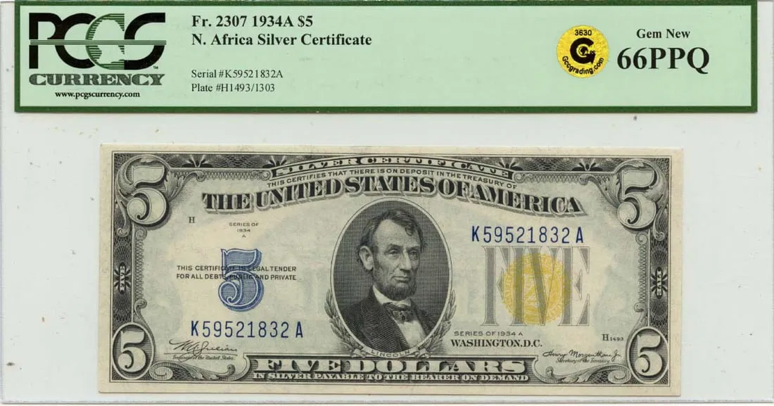 PCGS Certified 1934A $5 North Africa WWII Emergency Gold Seal GEM 66 PPQ