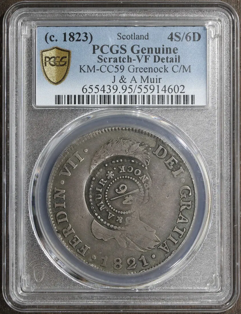PCGS Certified Scotland Greenock Countermark on 1823 8 Reales Coin