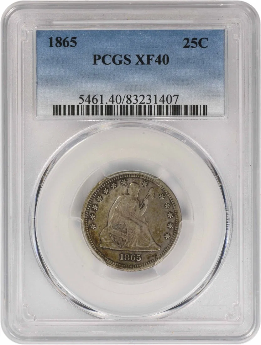 PCGS EF40 1865 Seated Liberty 25 Cent Silver Coin