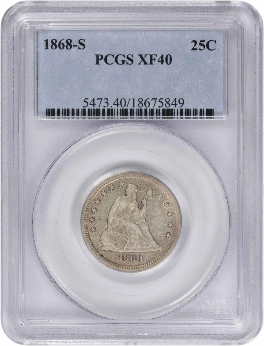 PCGS EF40 1868 San Francisco Seated Liberty Quarter 90 Silver United States Coin