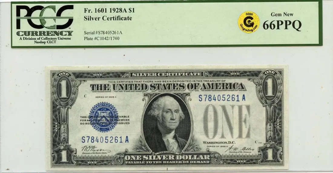 PCGS GEM 66 PPQ 1928A $1 Silver Certificate FR1601 United States Note