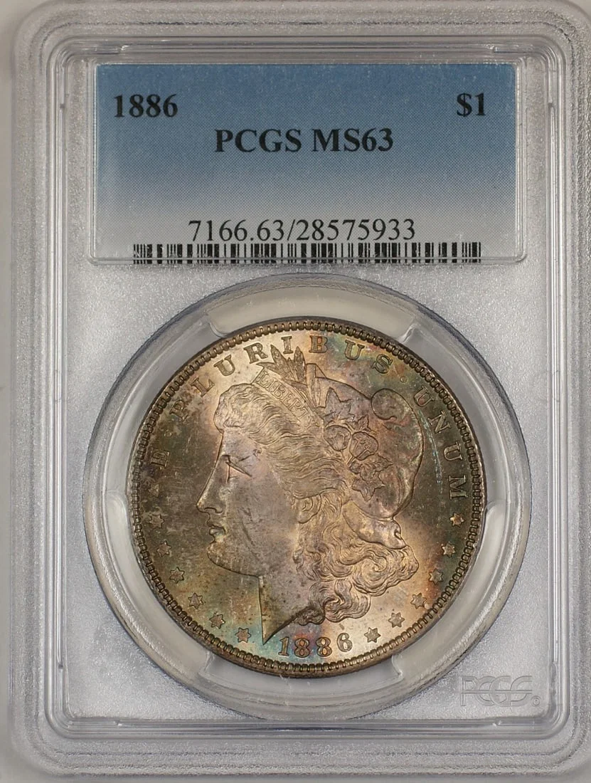 PCGS MS63 1886 Silver Morgan Dollar Philadelphia Nicely Toned Obverse