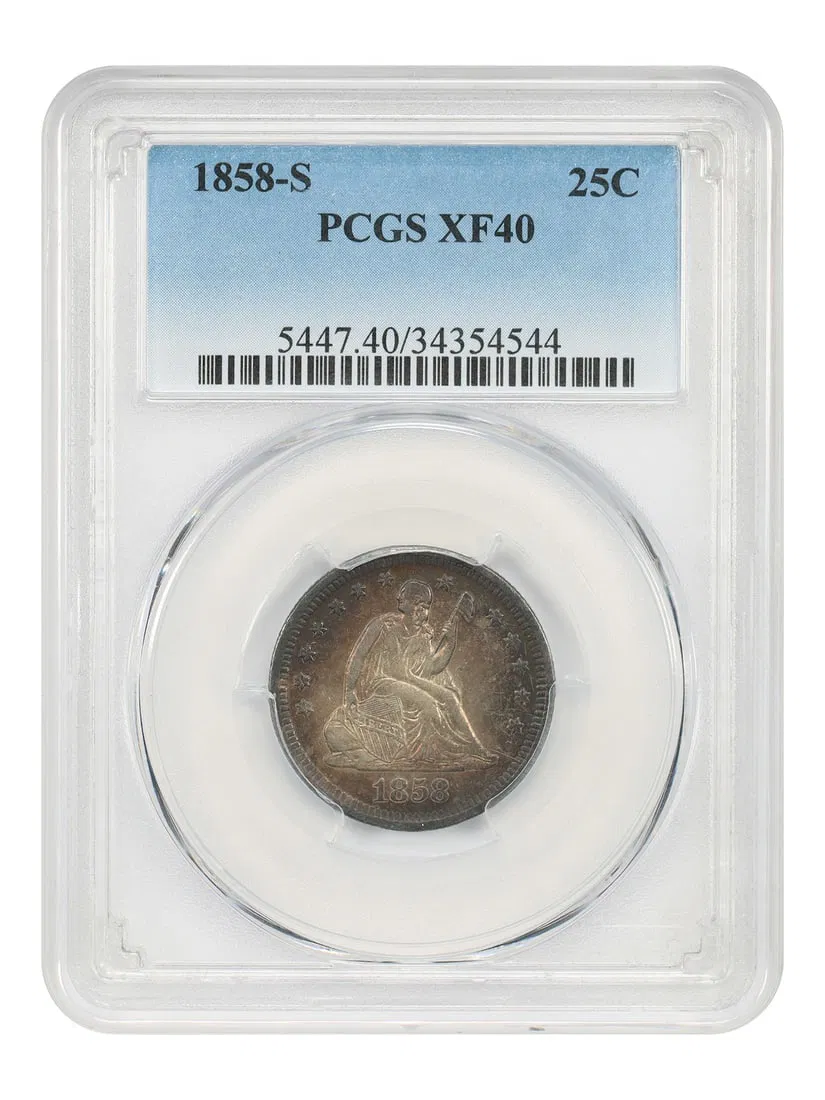 PCGS XF40 1858 San Francisco Mint Liberty Seated 25 Cent Piece