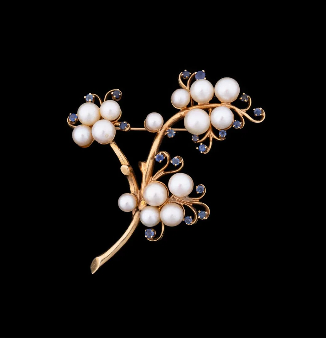 PEARL AND SAPPHIRE TREE PIN SET IN 14K YELLOW GOLD