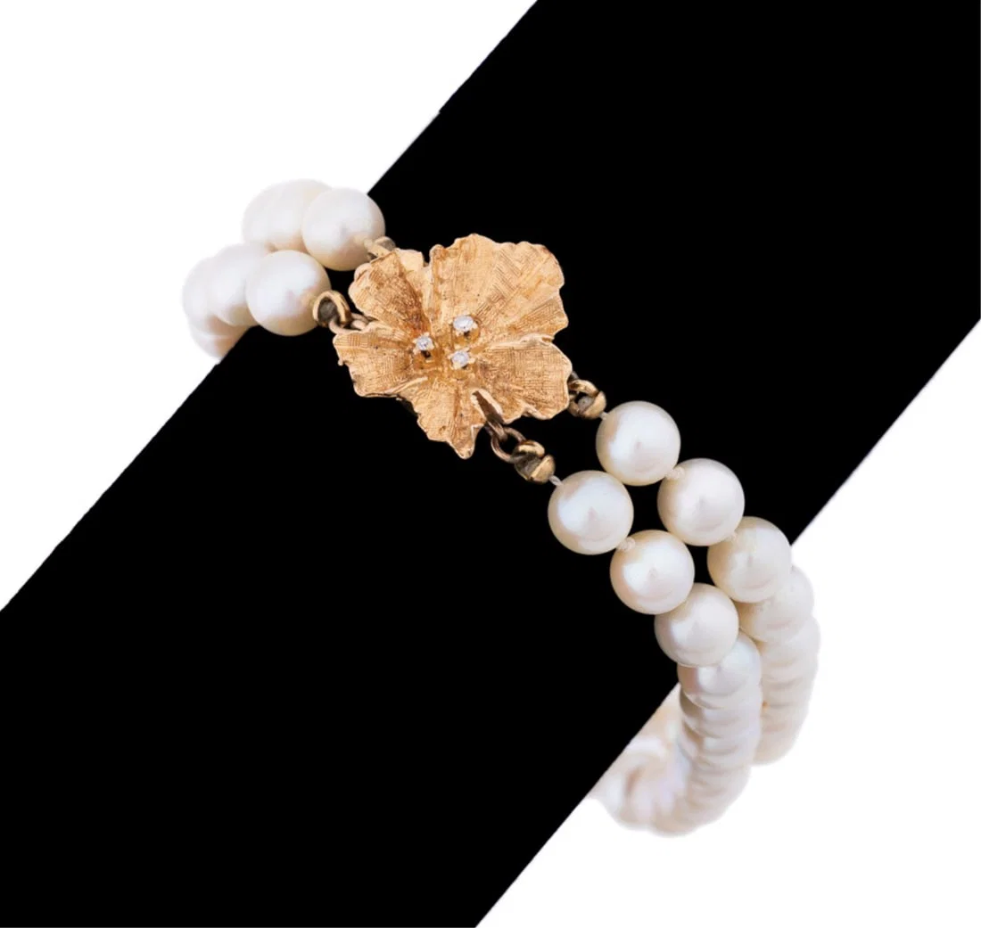 PEARL, DIAMOND & 14K DOUBLE STRAND BRACELET