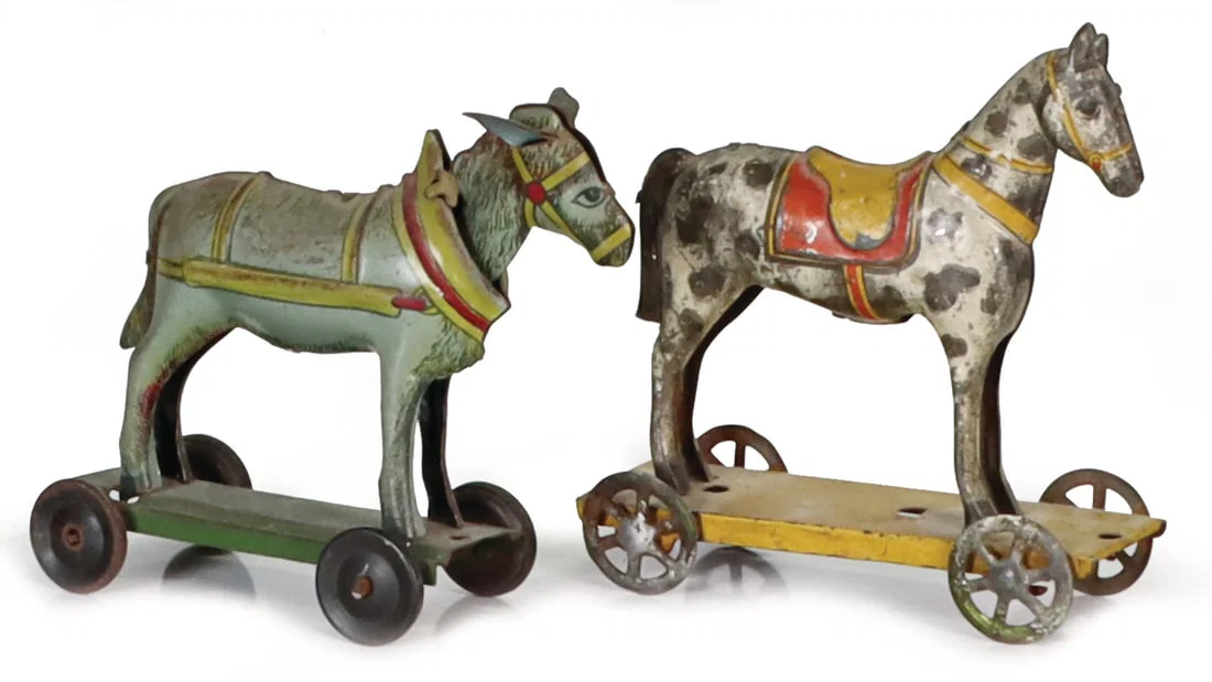 PENNY TOY 2 parts, tin, horse and donkey, tin, lithographed, donkey head nodder, h: 8 cm German