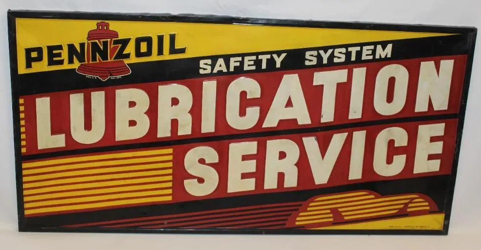 Pennzoil Safety System Lubrication Service Painted Embossed Metal Sign with Original Wood Frame