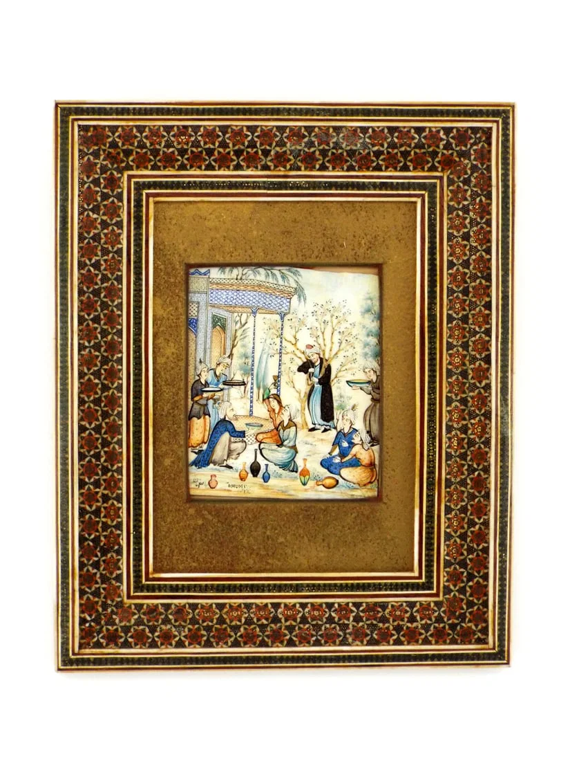Persian Miniature Painting On FINE Bone With A Handmade Inlaid Frame