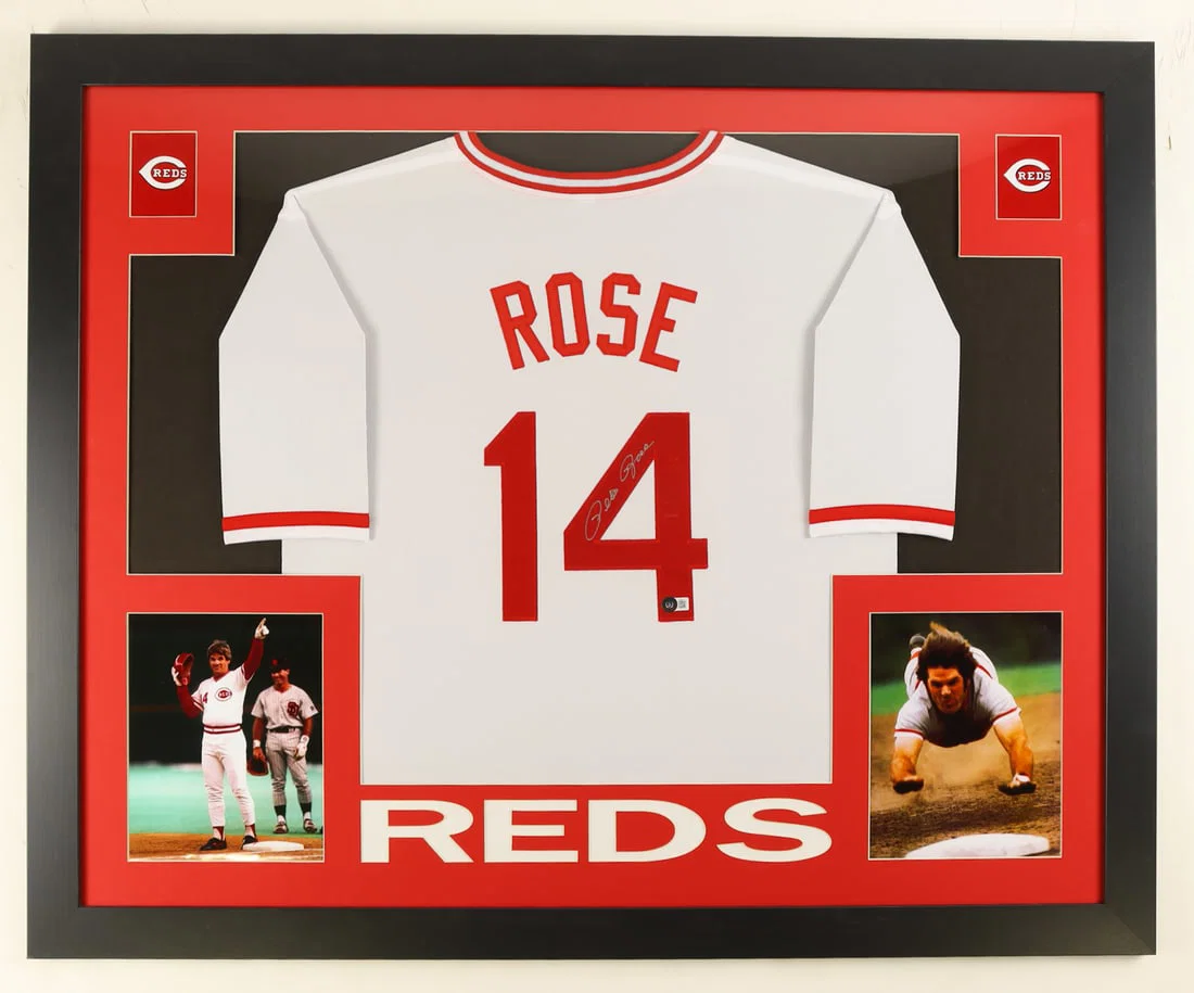 PETE ROSE SIGNED CUSTOM FRAMED JERSEY DISPLAY -BECKETT AUTHENTICATED