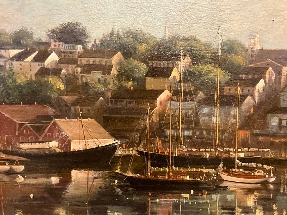 Peter Layne Arguimbau (American, born 1951) Sailing Ships, Coastal Village Scene