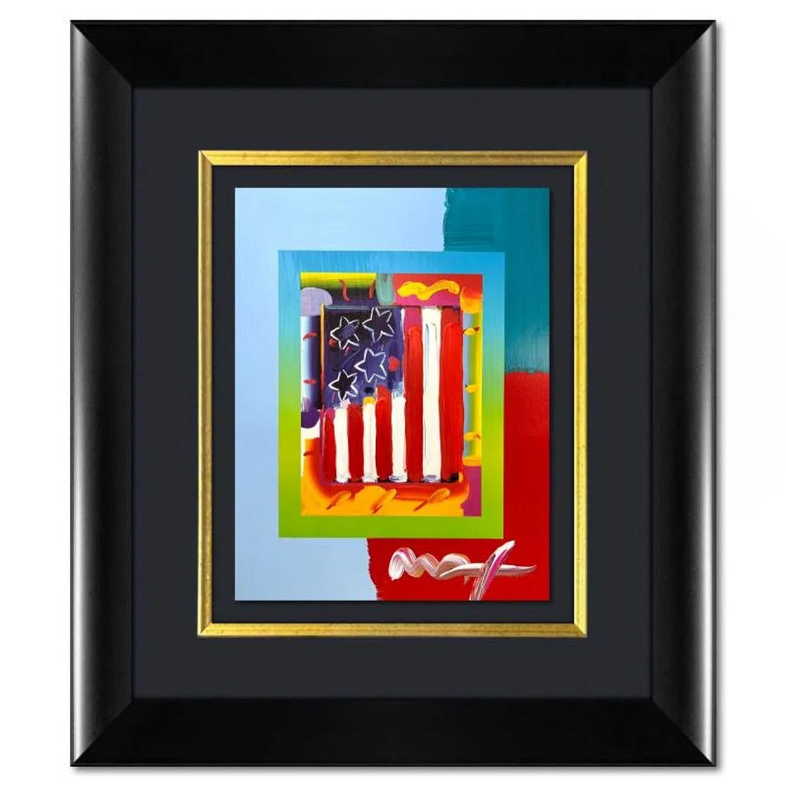 Peter Max, "Flag with Heart" Framed One-of-a-Kind Acrylic Mixed Media, Hand Signed with Registration