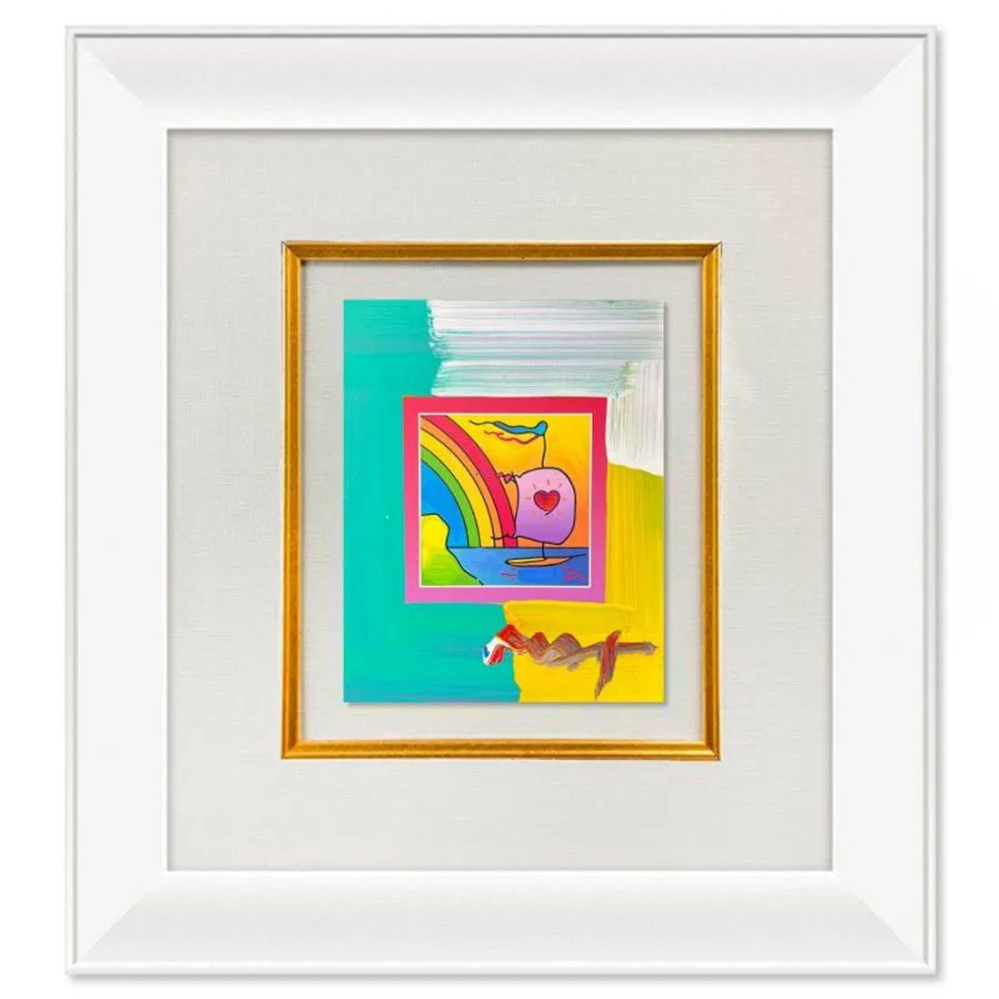 Peter Max, "Sailboat with Heart" Framed One-of-a-Kind Acrylic Mixed Media, Hand Signed with