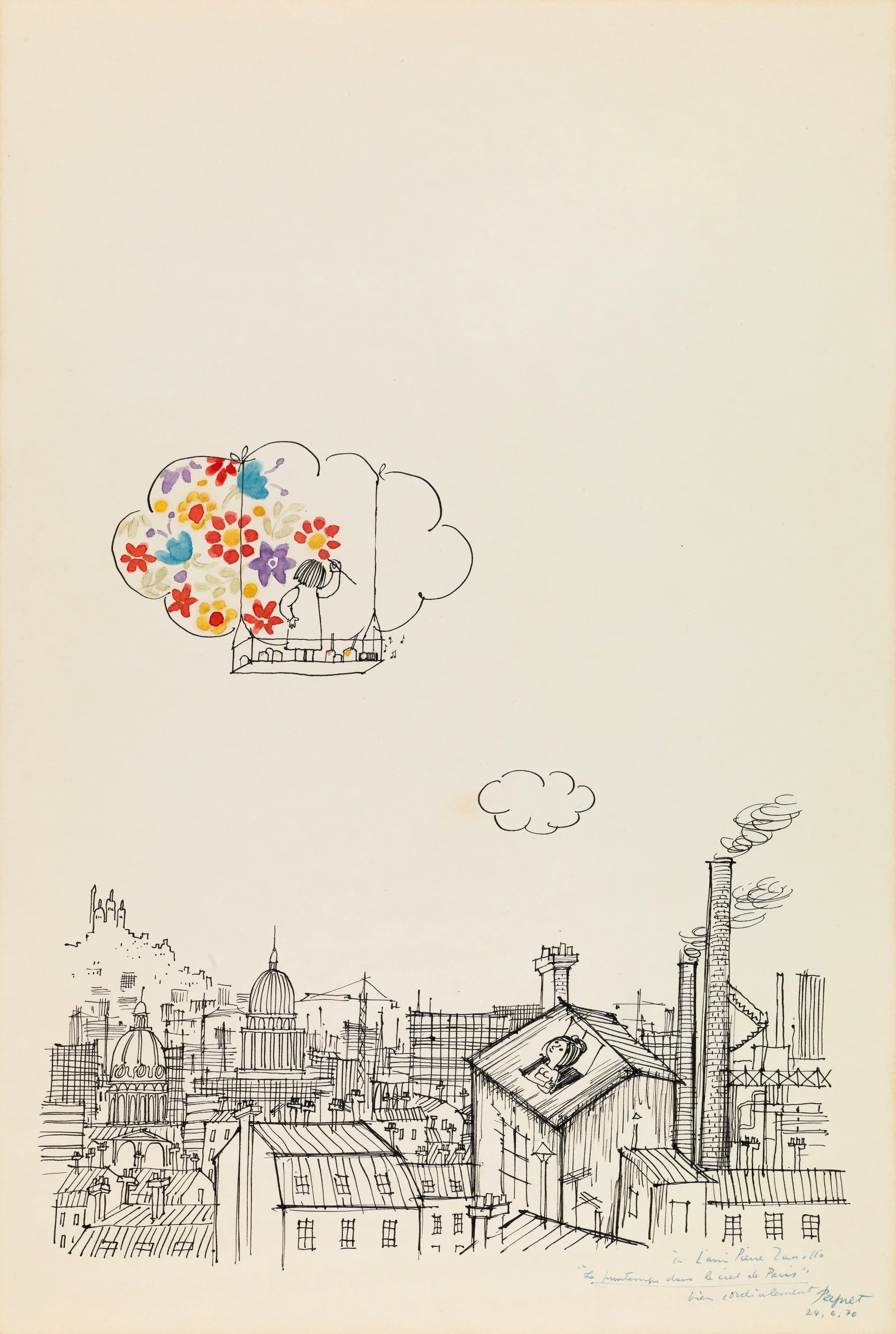 Peynet Raymond - "Le printemps dans le ciel de Paris", 1970