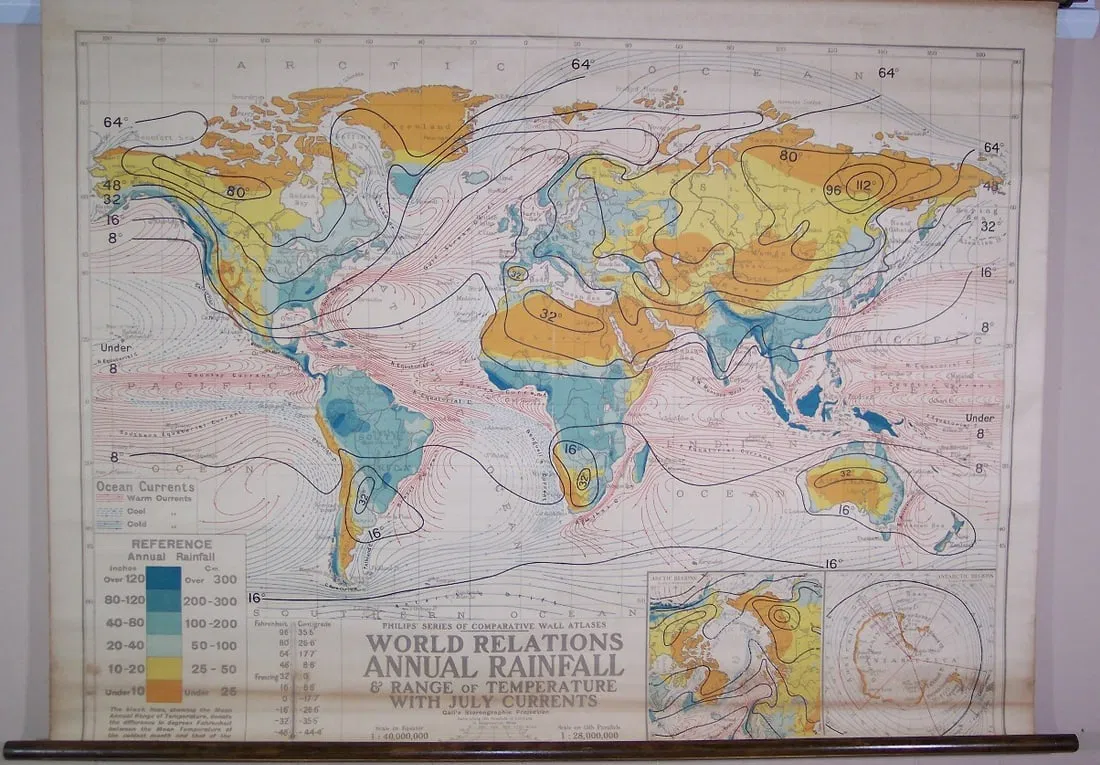 Philips' Series of Comparative Wall Atlases World Relations Annual Rainfall & Range of Temperature