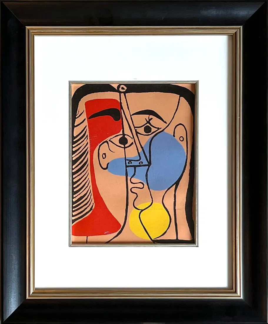 Picasso Linocut 1978 Large Red Blue & Yellow Head, Framed