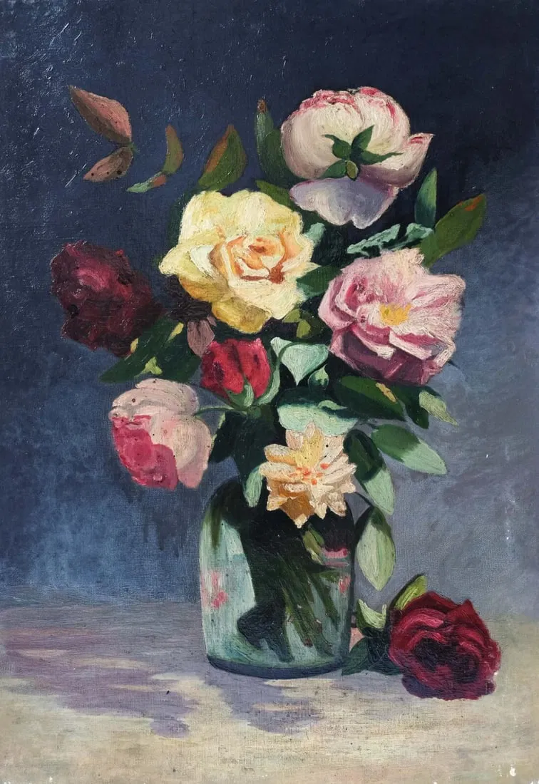 Pink and Yellow Flowers Bouquet Still Life - Antique Painting Original