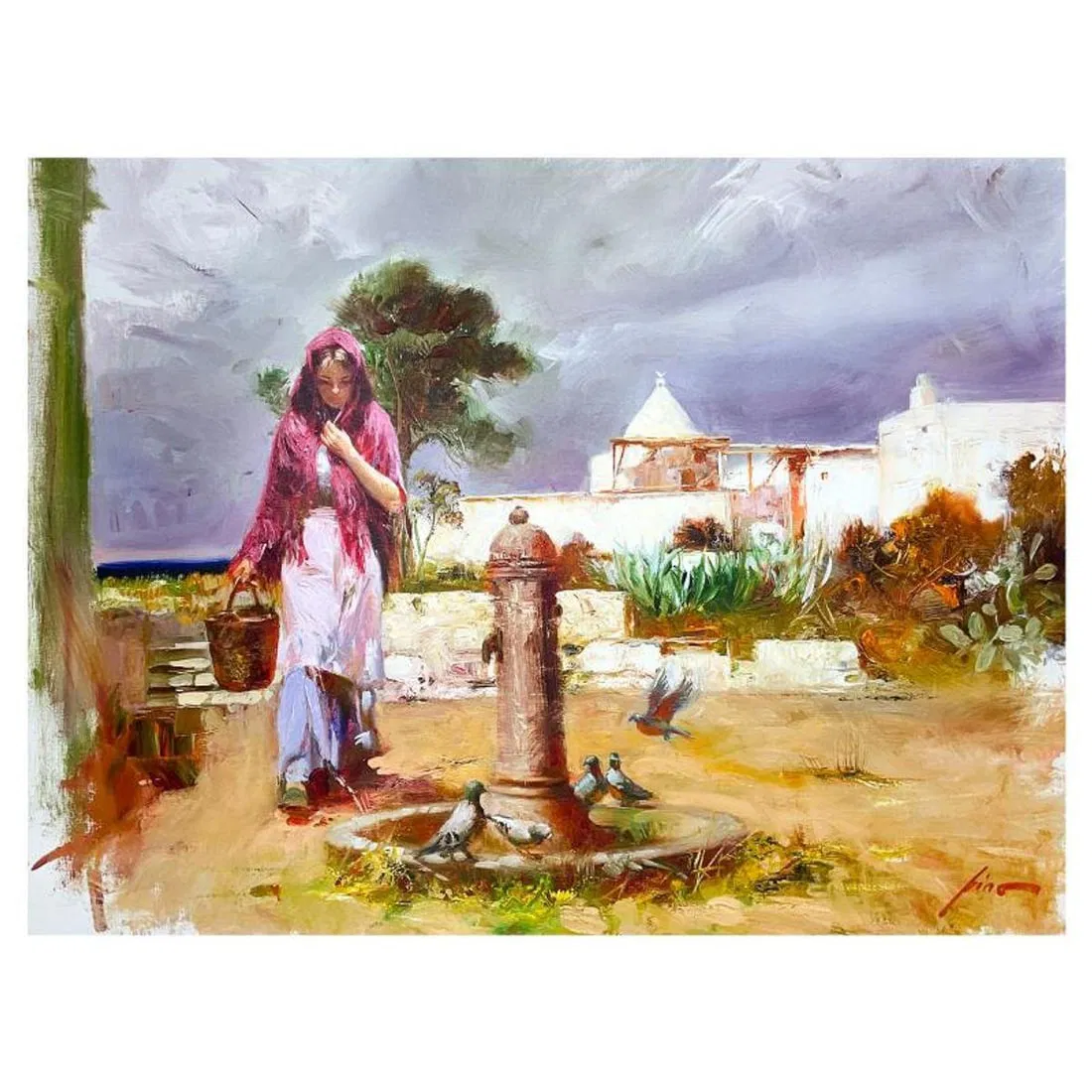 Pino (1939-2010) "The Water Fountain" Hand Embellished Limited Edition on Canvas, Numbered and Hand