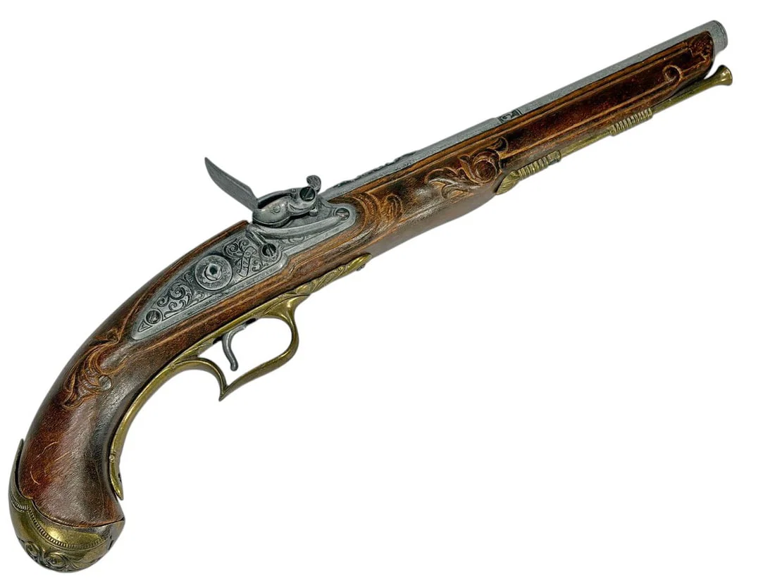 Pirate Style Flintlock Pistol Replica, Carved Wood