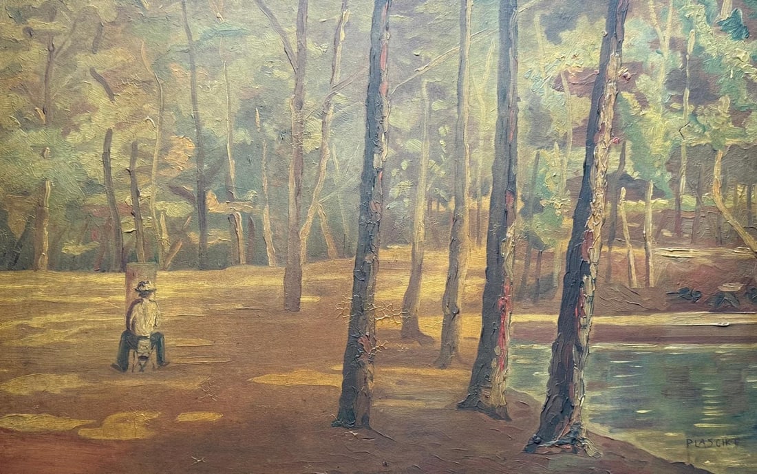 Plaschke Artist Technique: Oil on wood painting Title: Painting in the Forest by the Lake