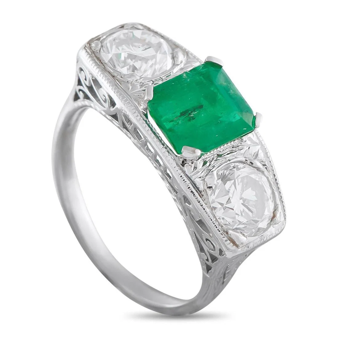 PLATINUM 1.30CT DIAMOND AND EMERALD RING