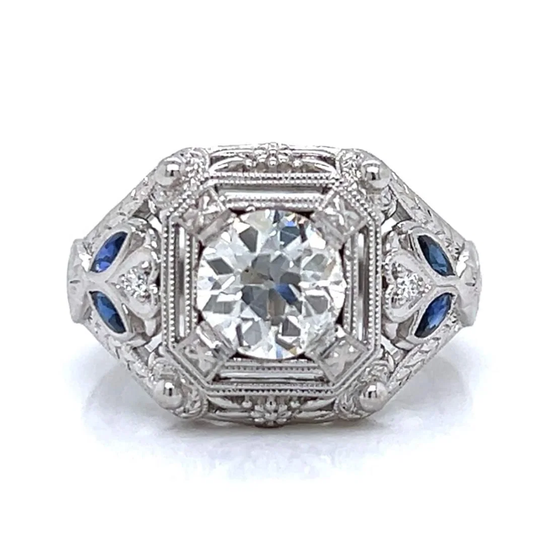 Platinum 1.62 Ct. European-Cut Diamond Sapphire Ring