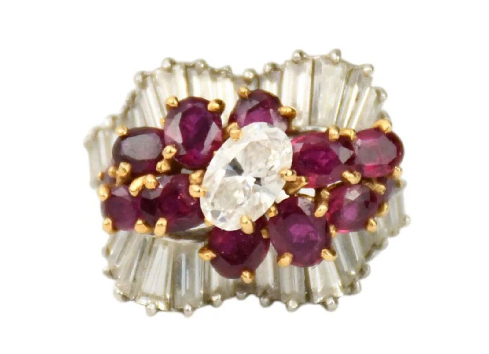 Platinum & 18K White Gold Diamond Ruby Ring. Designed with a 75 pt center oval diamond VS1-2 G-H