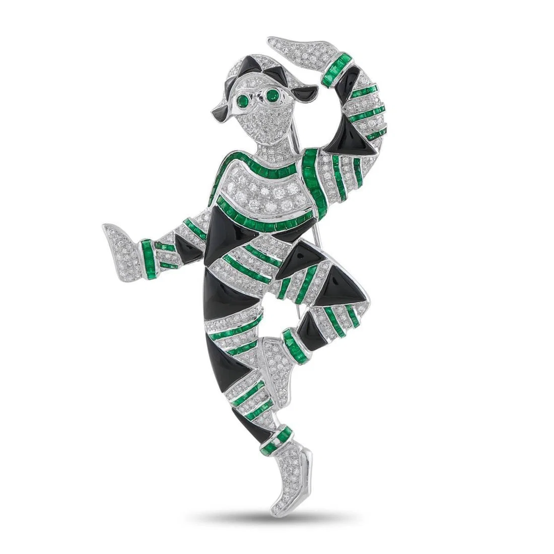 PLATINUM 3.50CT DIAMOND, EMERALD, AND ONYX ART DECO HARLEQUIN BROOCH