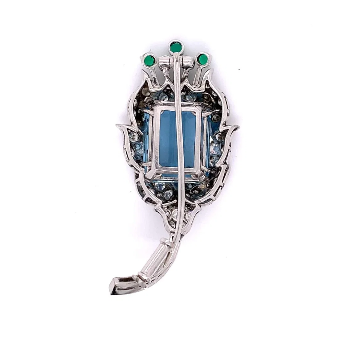 Platinum Brooch with 13 Ct Aquamarine Emeralds and Diamonds