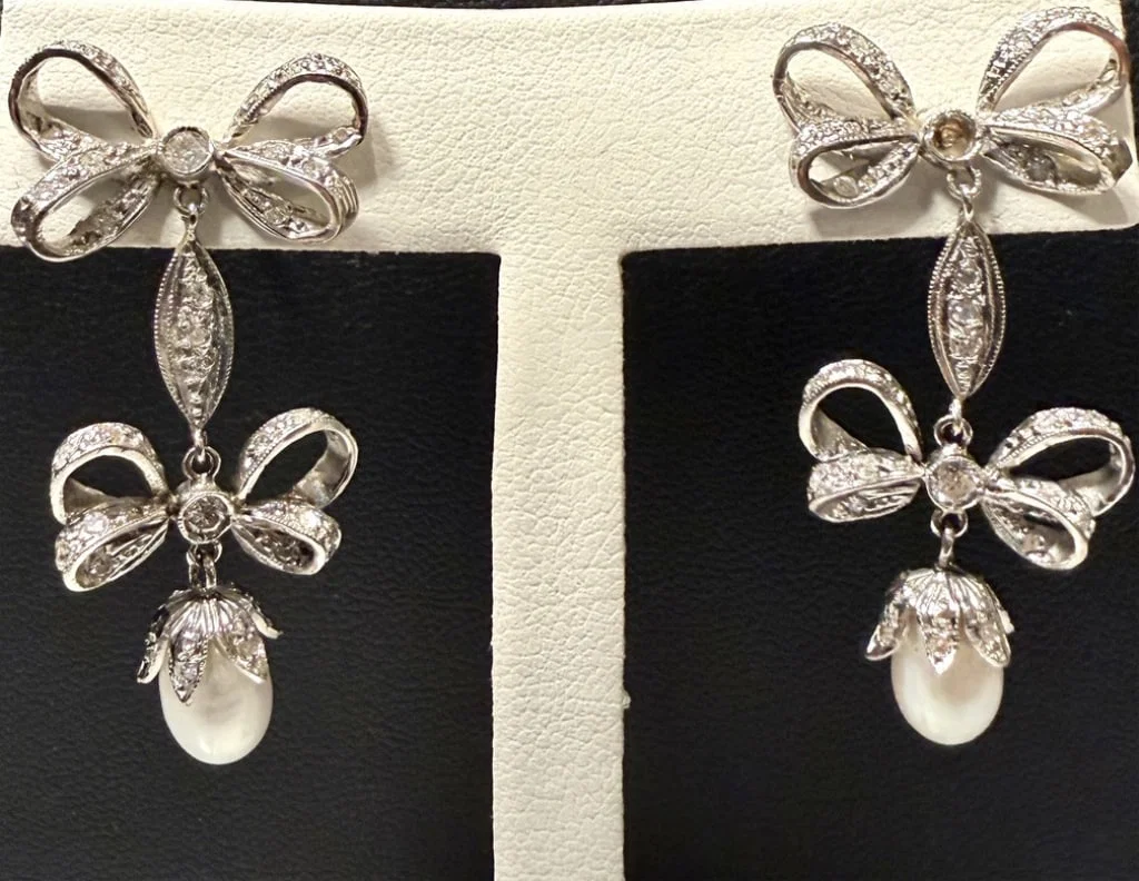 Platinum, Diamond And Pearl Bow Form Earrings