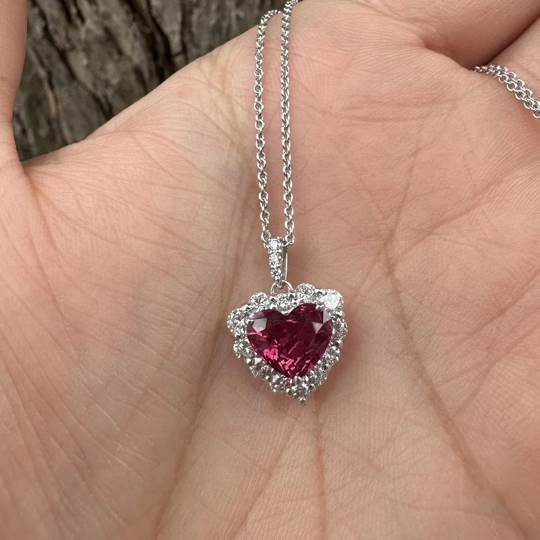 Platinum GIA Certified 2.61ctw Red Heart Ruby Diamond Halo Necklace