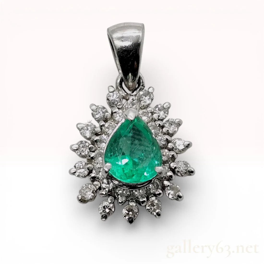 Platinum Pear-Cut Emerald and Diamond Sunburst Pendant