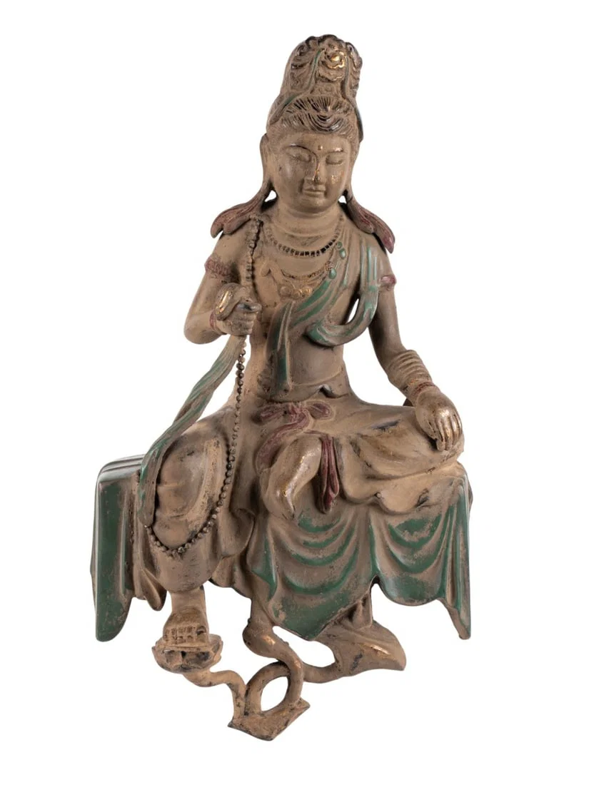 POLYCHROME CAST IRON SEATED BODHISATTVA