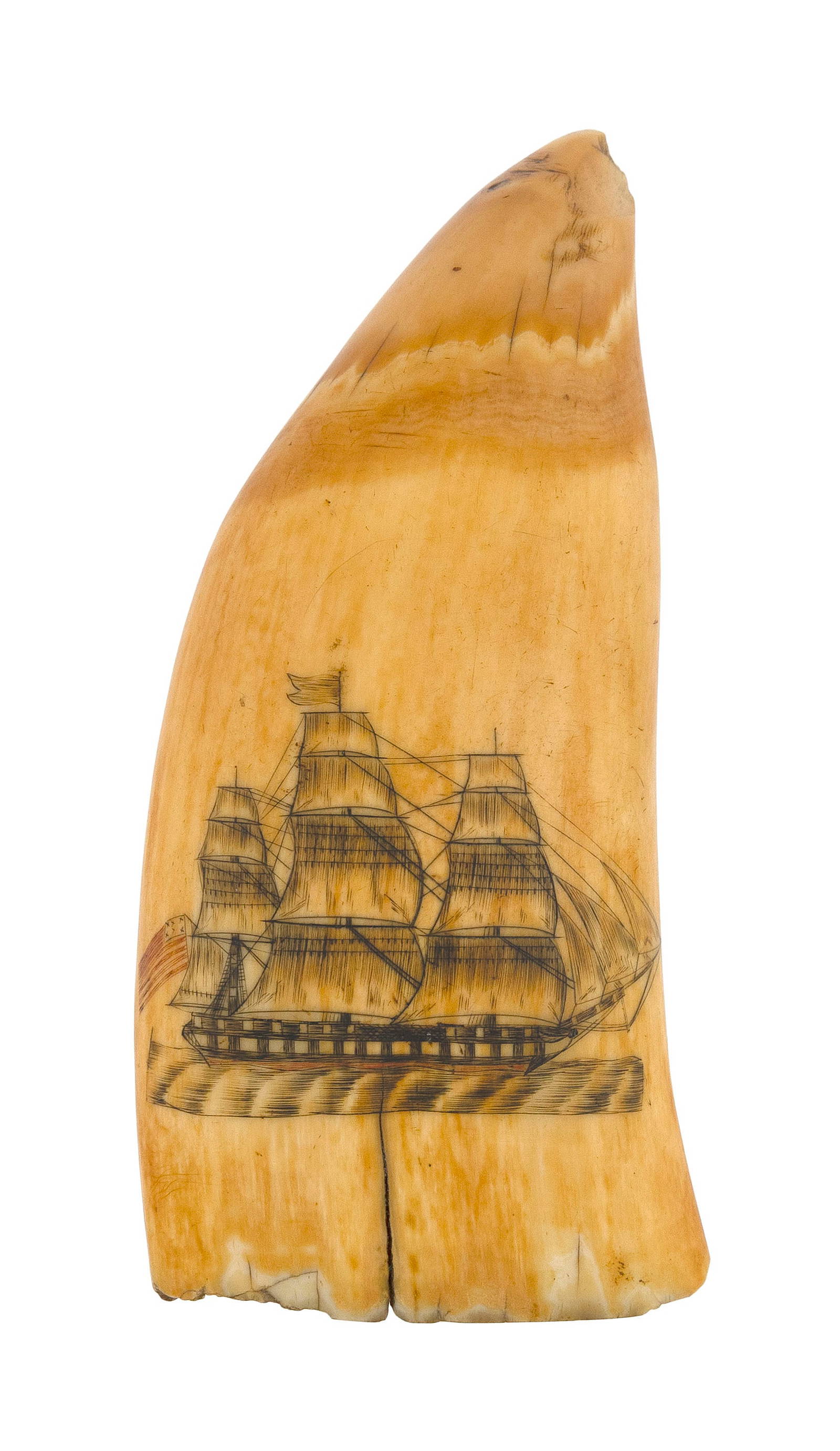 POLYCHROME SCRIMSHAW WHALE'S TOOTH WITH SHIP PORTRAIT Mid-19th Century Length 5.5".