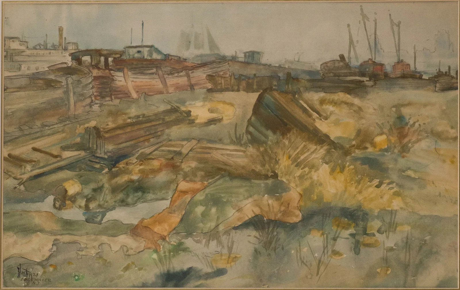 Pop (George Overbury) Hart, 1868-1933, Derelicts-Edgewater, Watercolor on Paper