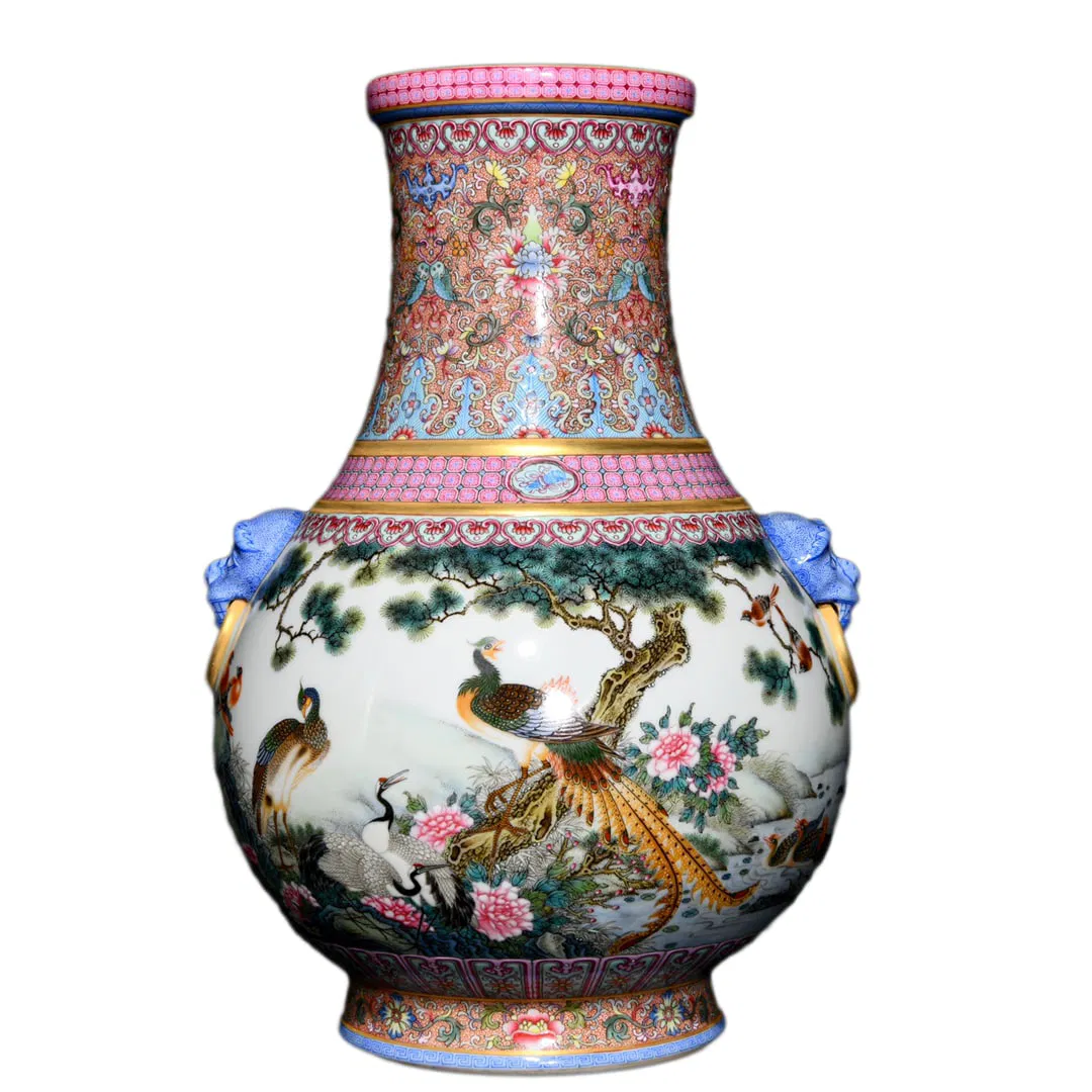Porcelain Double Ear Vase Famille Rose w Pine Tree & Peacock,Qing Dynasty Yongzheng Mark