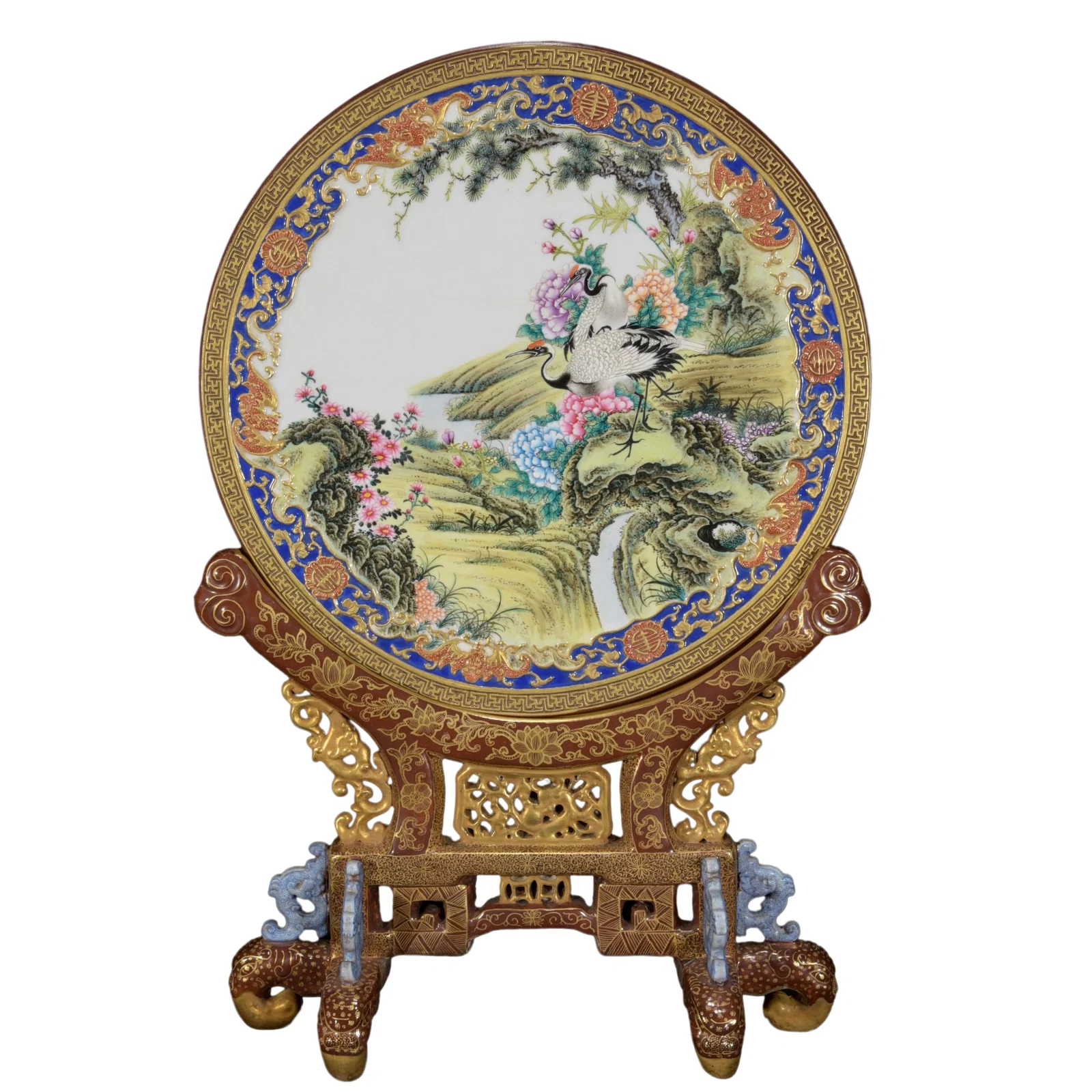 Porcelain Screen Gilt Gold Famille Rose w Pine Tree & Crane ,Qing Dynasty QianLong Mark