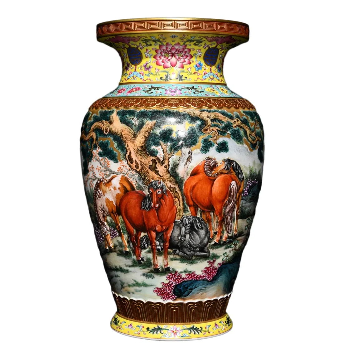 Porcelain Vase Gilt Gold Famille Rose w Eight Horse,Qing Dynasty QianLong Mark