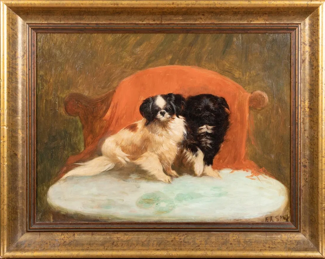PORTRAIT OF A PAIR OF PEKINGESE DOGS JIP & RANDOLF OIL PAINTING