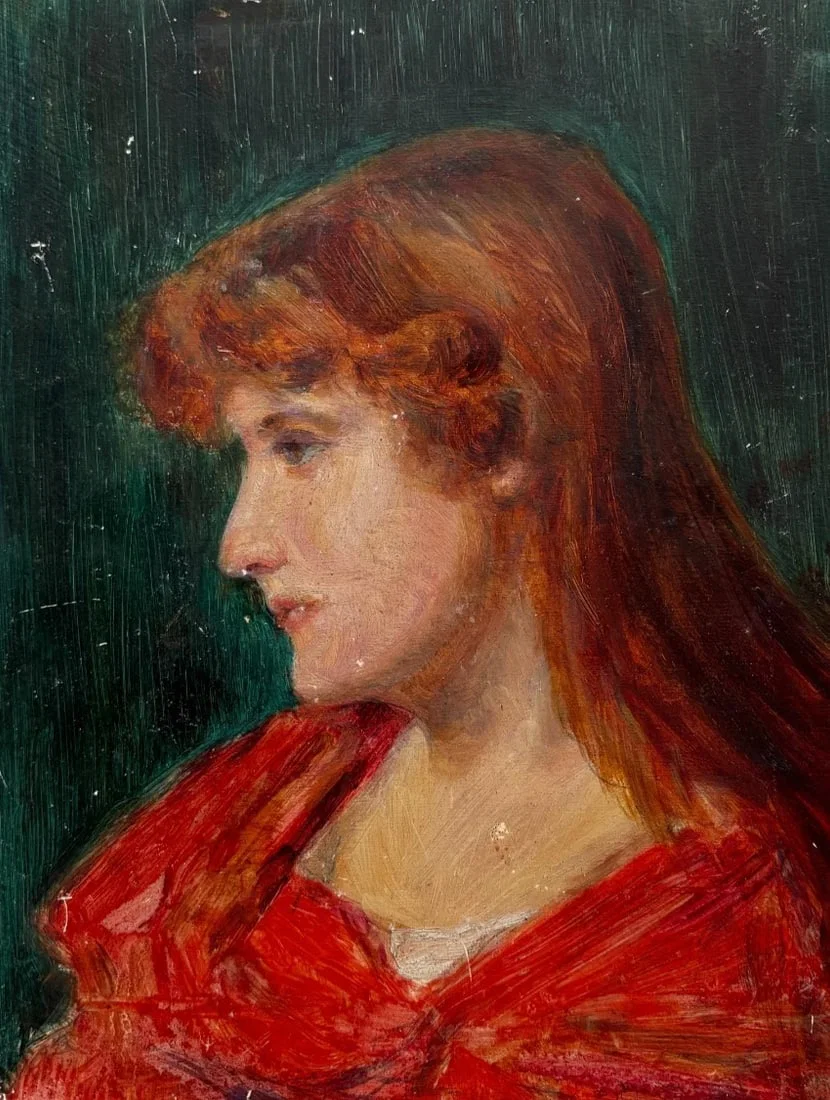 Portrait, People, Woman, Red, Gingy - Painting Antique Original
