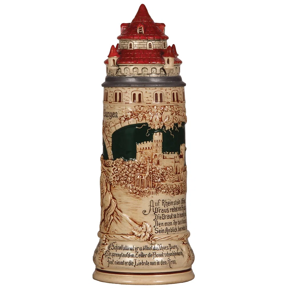 Pottery stein, 1.0L, 12.9" ht., castle Rheinstein