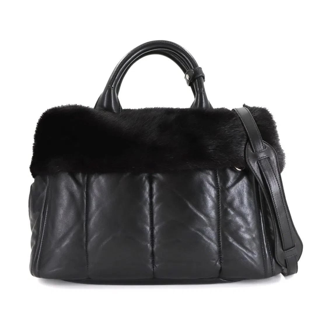 PRADA 2WAY TOTE SHOULDER BAG LEATHER FUR BLACK TOTE BAG / SHOULDER BAG
