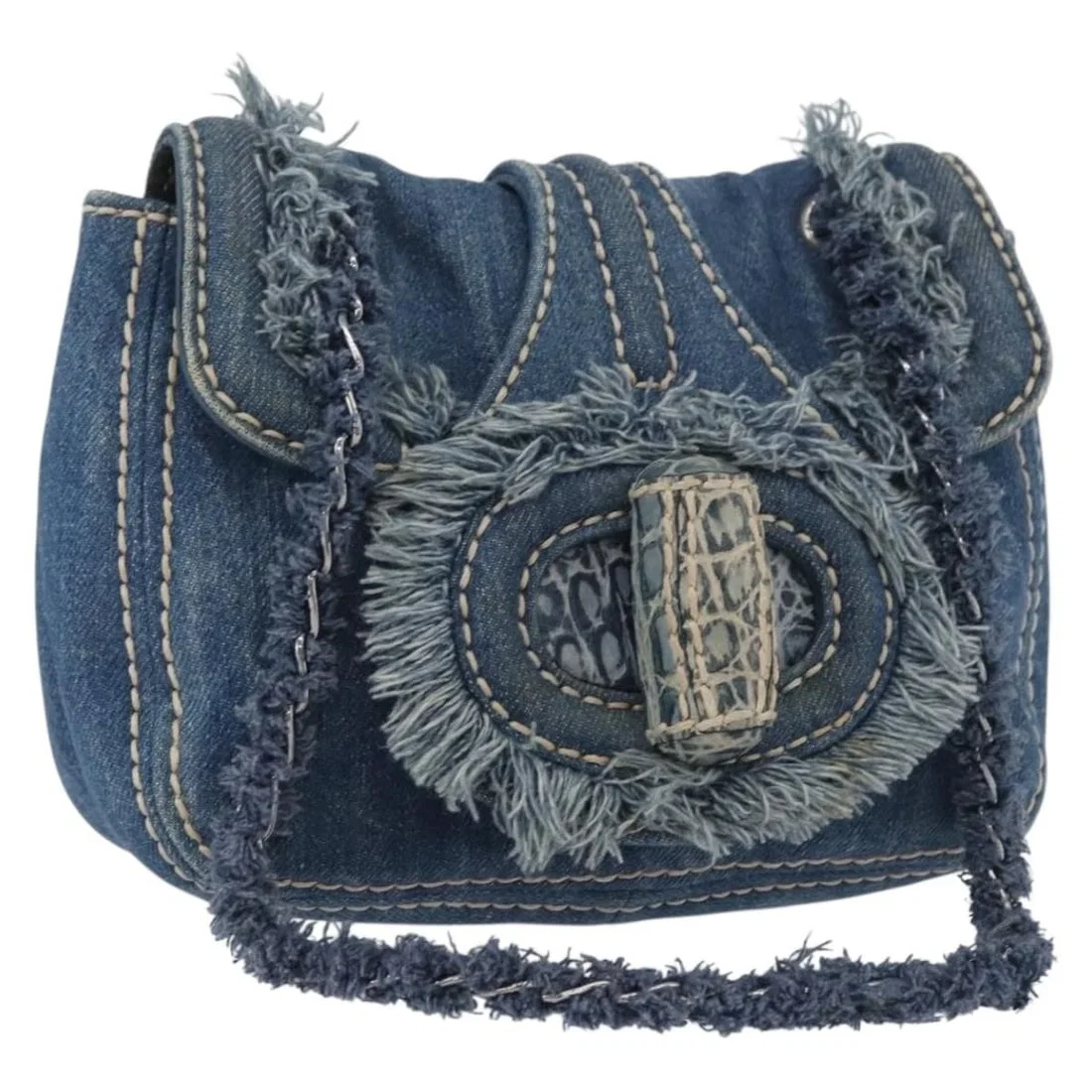 PRADA CHAIN SHOULDER BAG DENIM BLUE SILVER