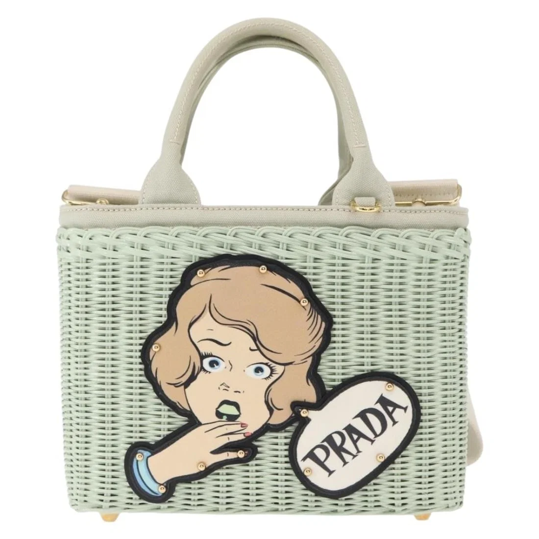 Prada Comic Basket Wicker Crossbody Bag in Green