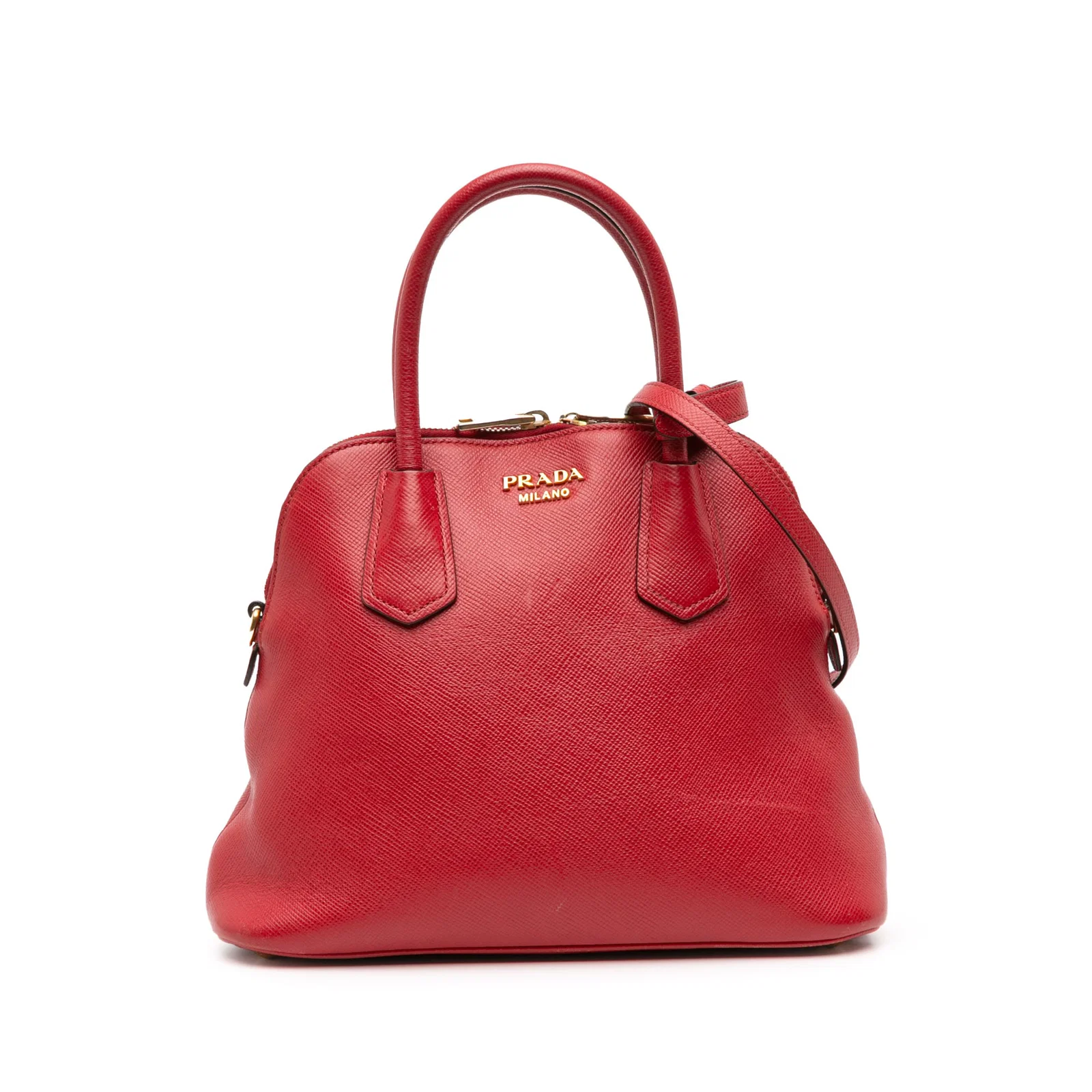 Prada Medium Saffiano Dome Satchel Red Leather Italy